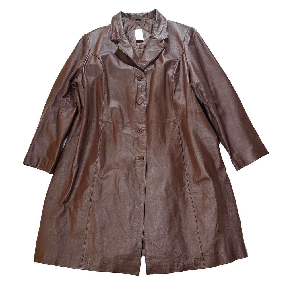 Vintage Roaman's Leather Midi Coat Women's Size B4 (2X) Brown Button Y2K Goth - Picture 3 of 7